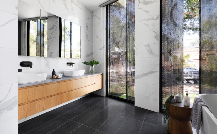 bathroom with marble tile